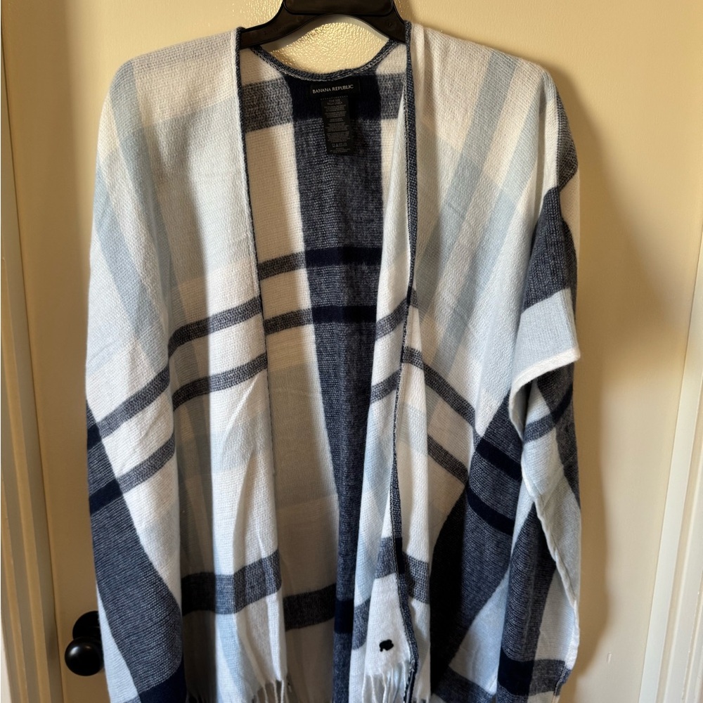 Banana Republic Plaid Sweater Poncho - Navy and White